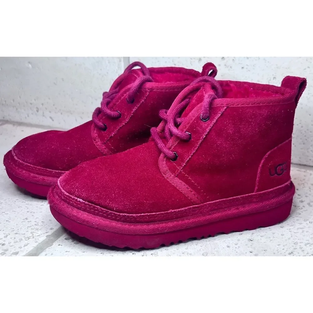 UGG Neubel Kids Red Suede Shearling Chukka Ankle Lace Up Boots Size 13